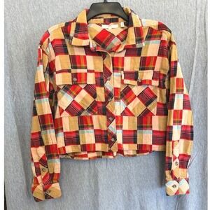 Guilded Intent Cropped Flannel Patchwork Plaid Shirt Boyfriend Womens Small BKE